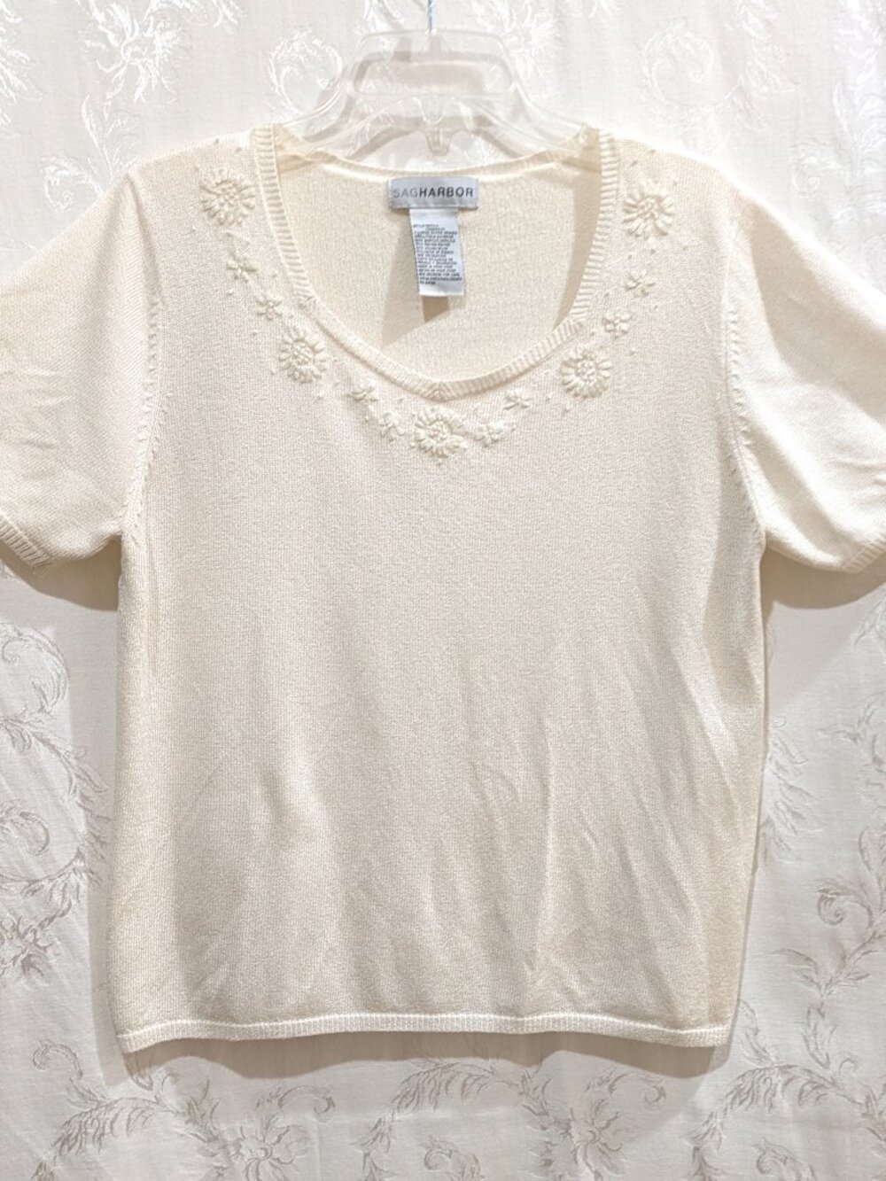VTG 90s Floral Embroidered Short Sleeve Knit Top XL Kawaii Preppy Cottagecore